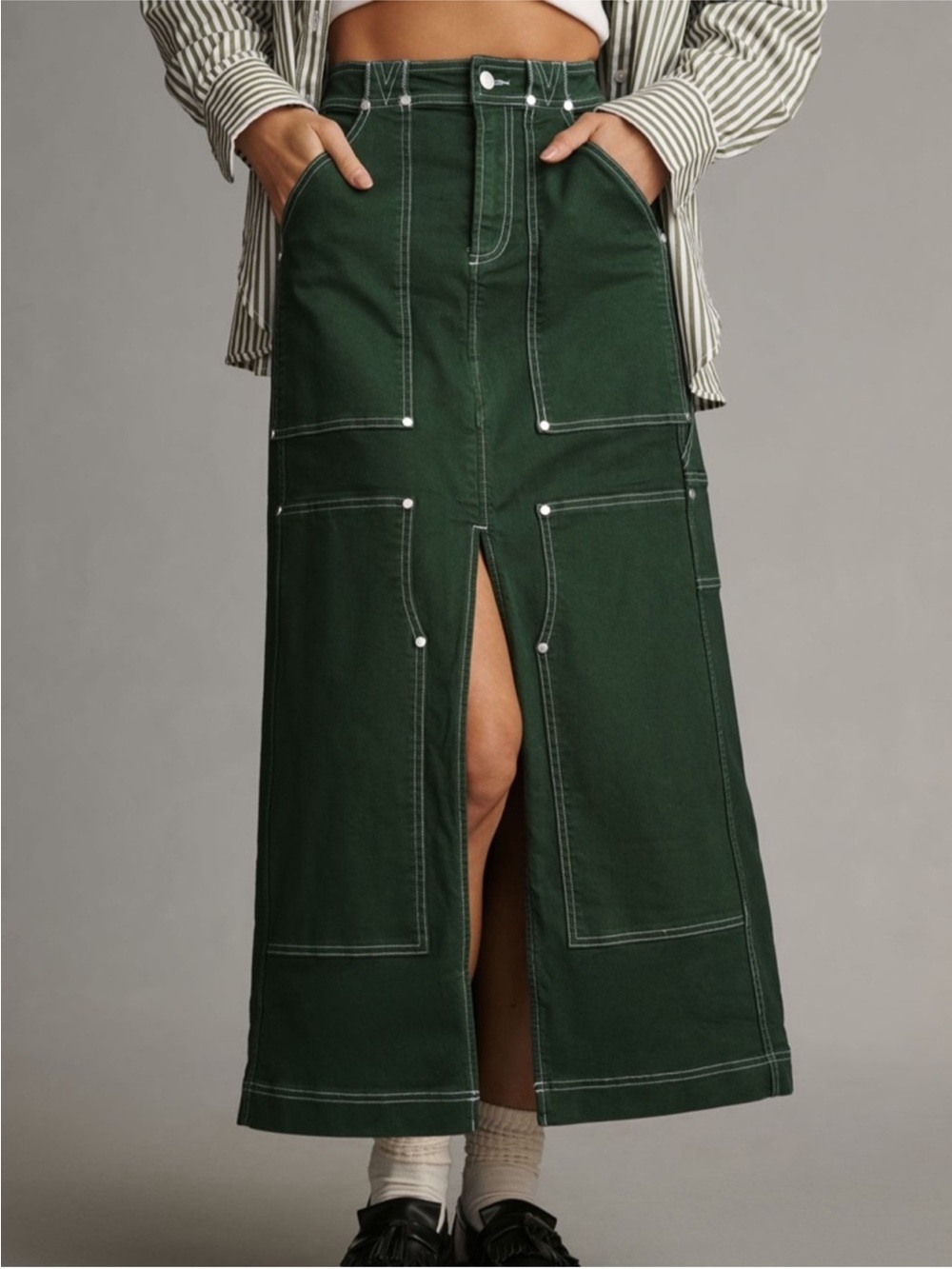 Anthr Pilcro Forest Green Carpenter Skirt Front Slit and Contrast Stitching - Picture 4 of 15